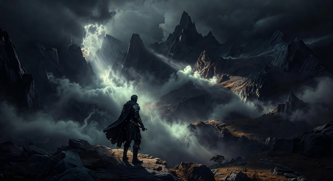 Dark fantasy mountain landscape with misty atmosphere