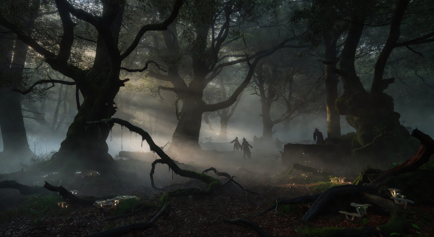 Deep mysterious forest immersed in thick morning fog