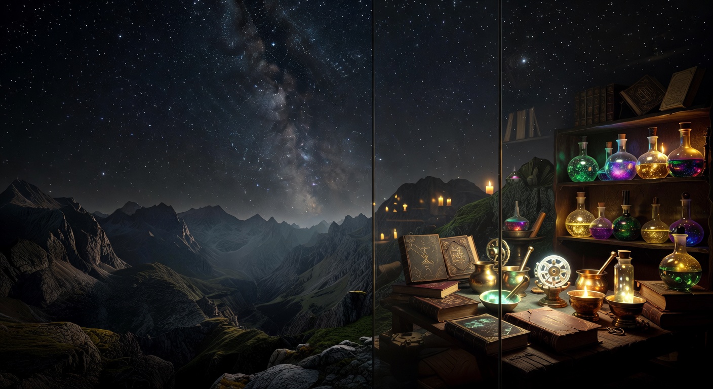 Starry night sky over dark mysterious mountains